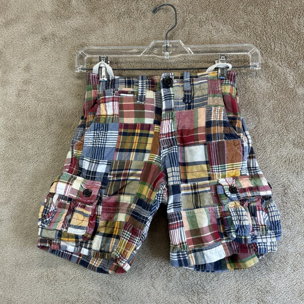 Gap Kids Cargo Shorts Boys 5 Madras‎ Patchwork Plaid Adjustable Waist Cotton 9"